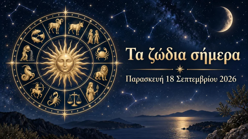 golden zodiac wheel on a starry blue sky with greek daily horoscope title