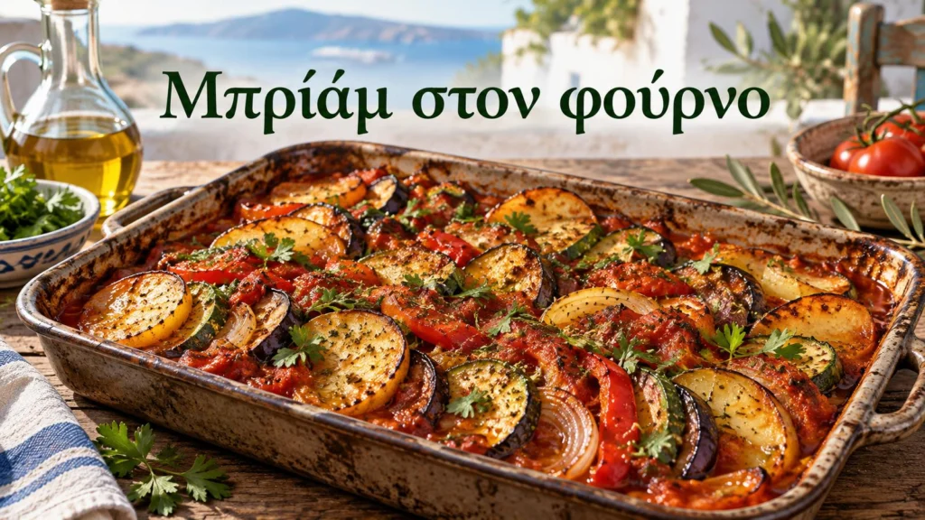 illustrative serving of greek briam with potatoes zucchini eggplant peppers and tomato