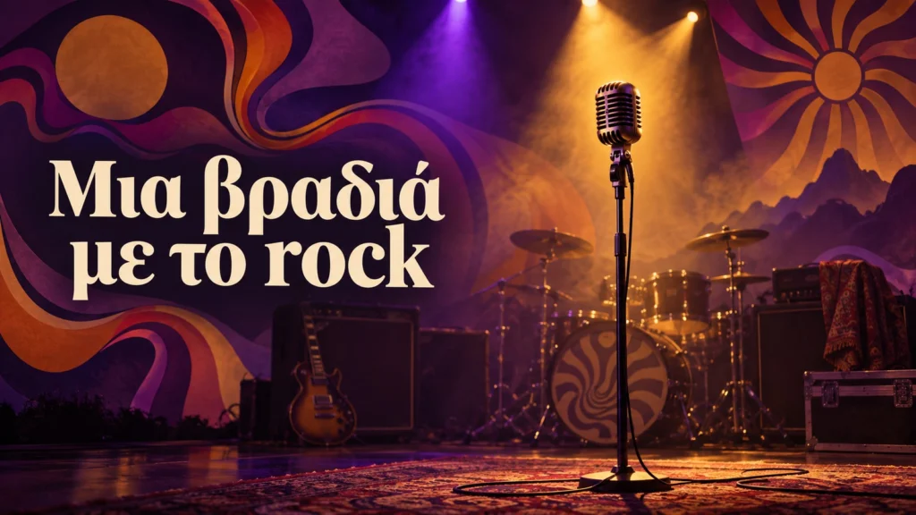 symbolic rock stage with vintage microphone and purple amber lights