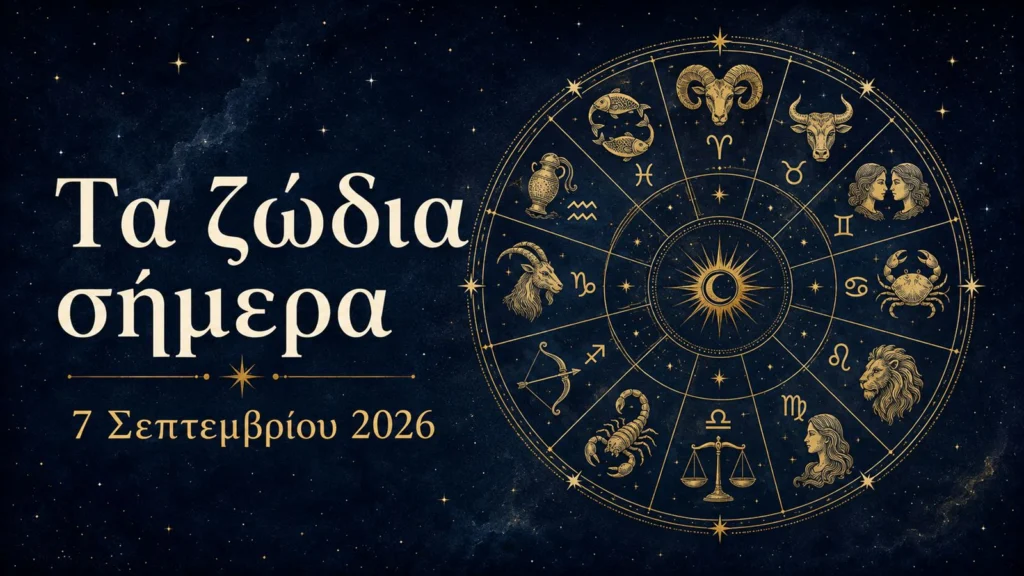chrysos zodiakos kyklos se mple fonto me elliniko titlo ta zodia simera kai imerominia 7 septemvriou 2026