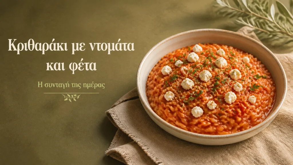 endeiktiki parousiasi kritharakiou me saltsa ntomatas feta kai maintano se keramiko piato