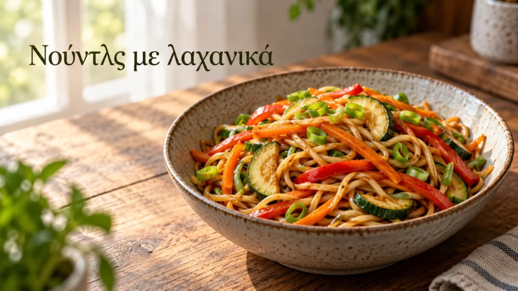 noodles me karoto piperia kolokythi kai fresko kremmydaki se keramiko bol