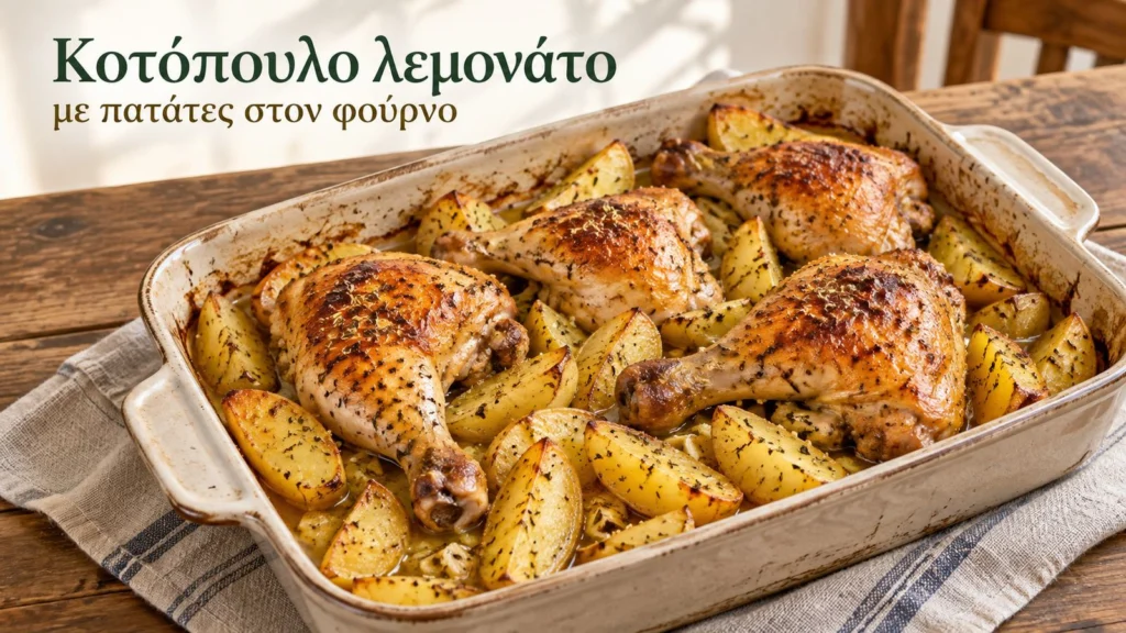 endeiktiki parousiasi psimenou kotopoulou me patates lemoni kai rigani se tapsi