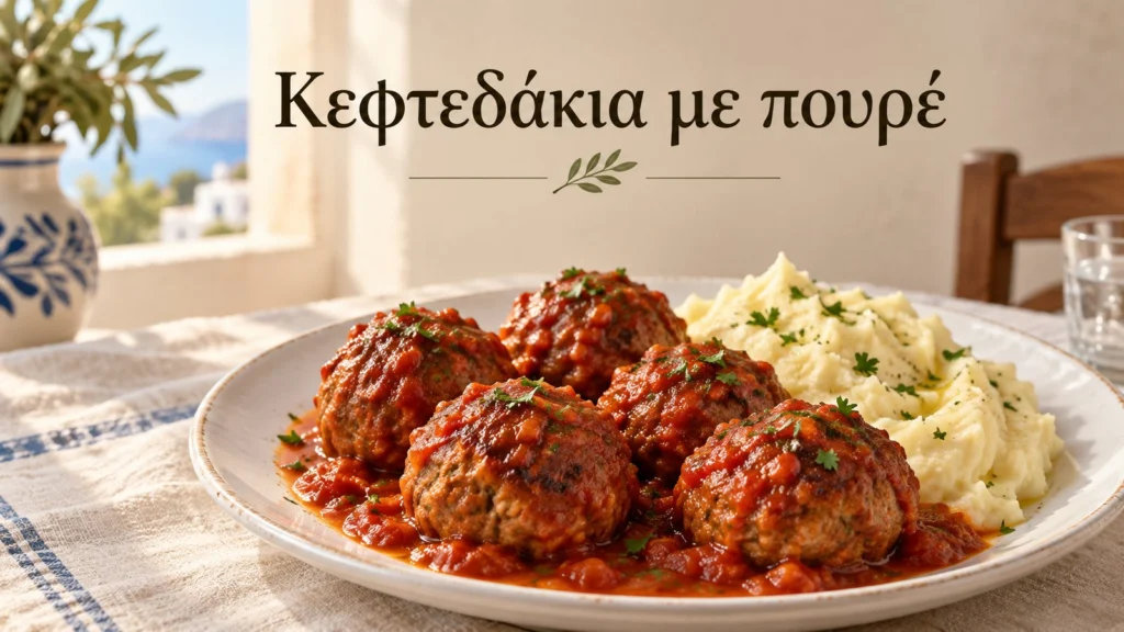 keftedakia me saltsa ntomatas kai poure patatas se lefko piato