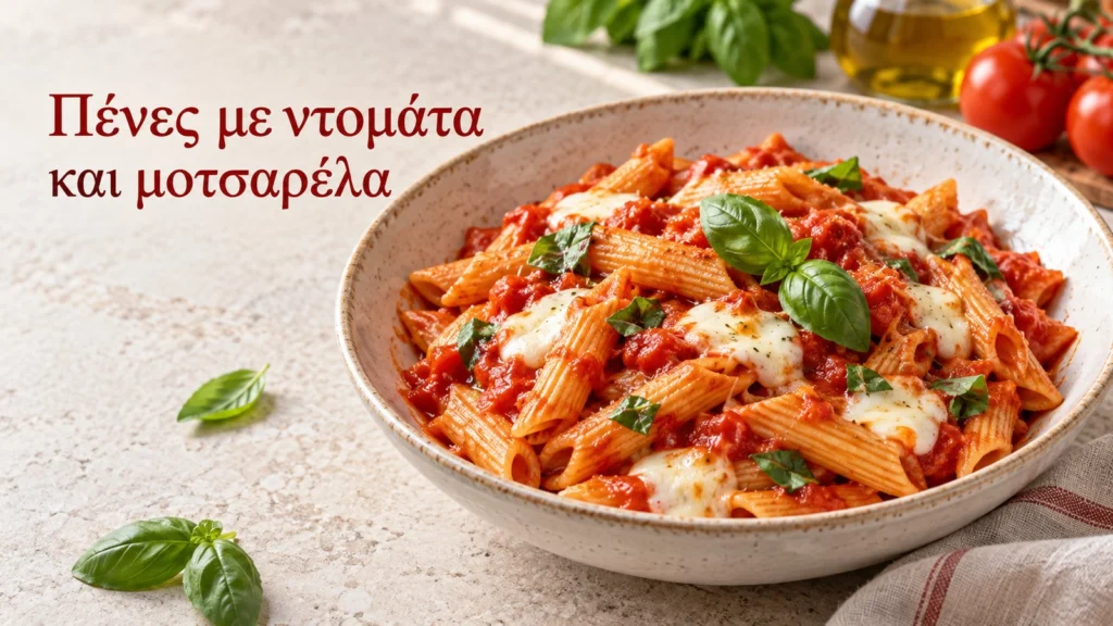 penes me saltsa ntomatas motsarela kai vasiliko se piato