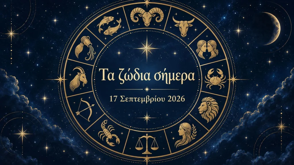 symbolic golden zodiac wheel on a midnight blue starry background with the daily horoscope title