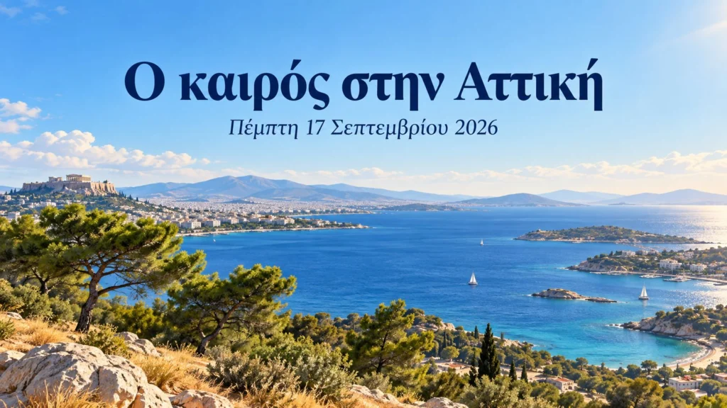 illustrated sunny attica coast with greek weather headline and september seventeen date