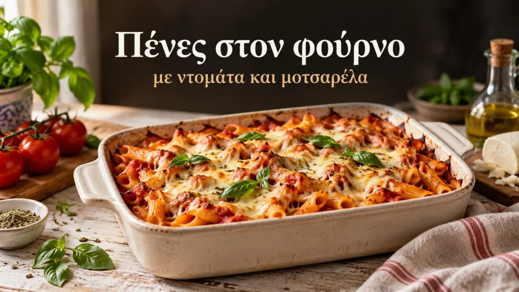 baked penne with tomato sauce melted mozzarella and basil in a ceramic dish