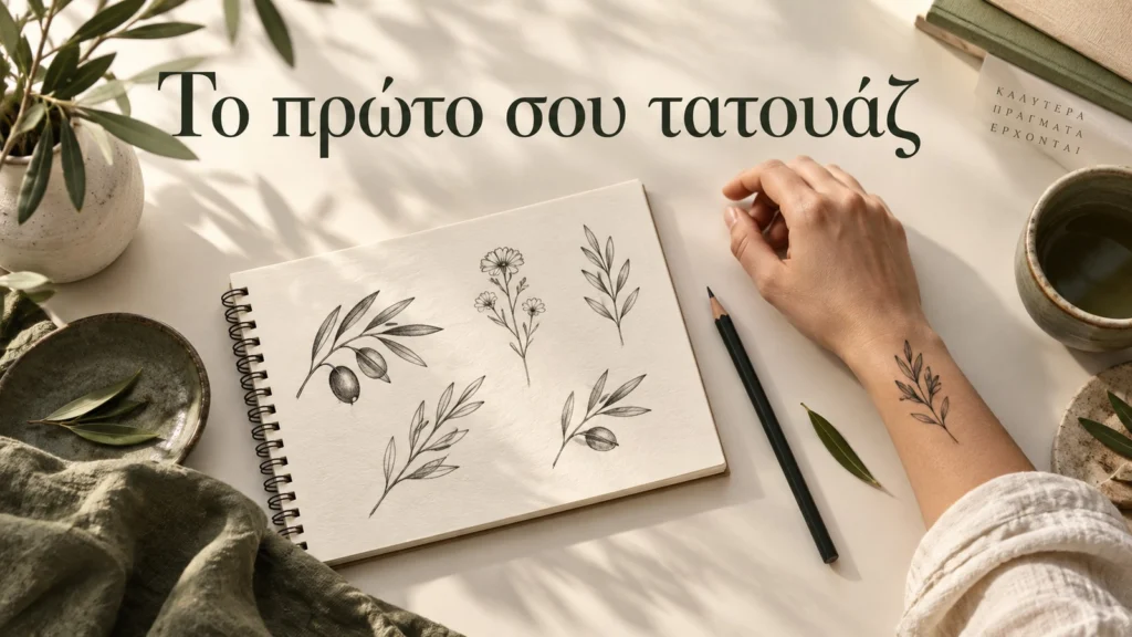 illustrative composition of botanical tattoo sketches and a small healed forearm tattoo