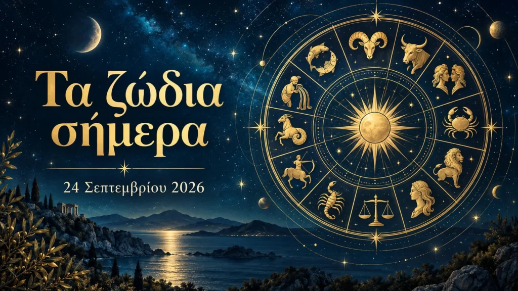 gold zodiac wheel on a blue starry sky with greek daily zodiac title
