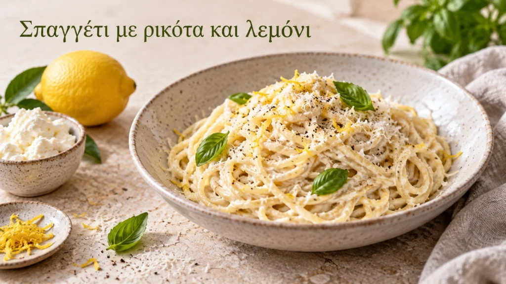 indicative serving of spaghetti with ricotta lemon parmesan black pepper and basil