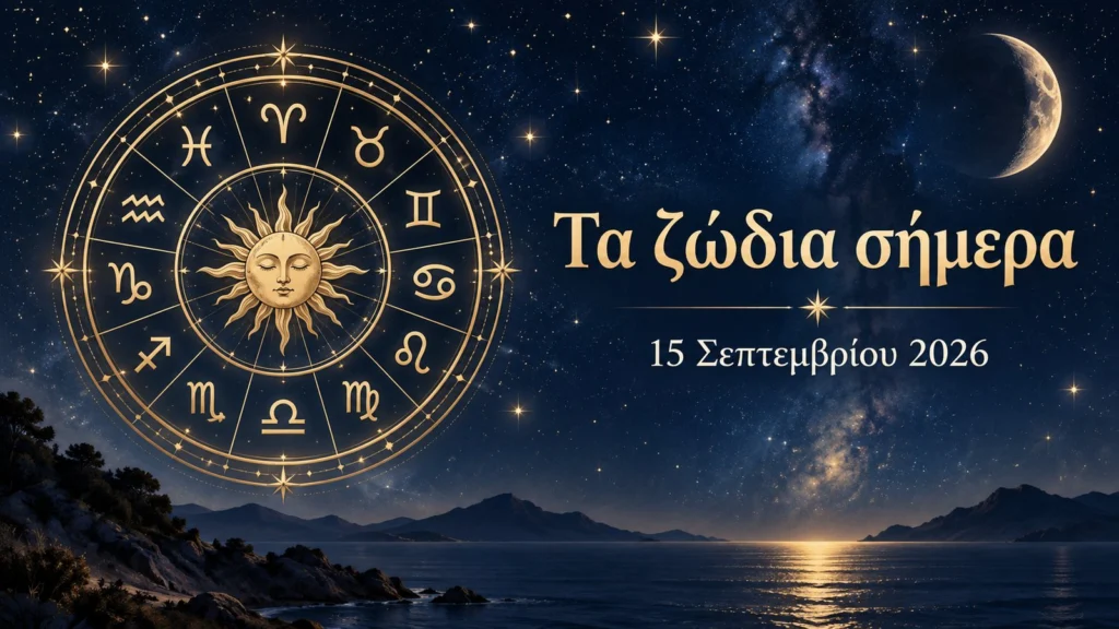 symvolikos zodiakos kyklos me chrysa symbola kai titlo ta zodia simera 15 septemvriou 2026