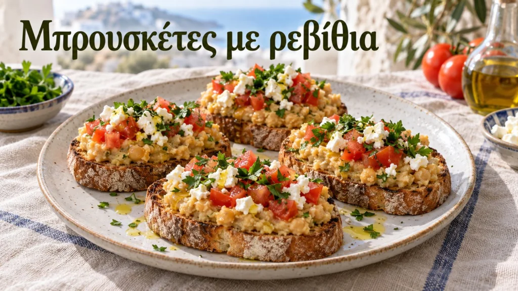 Illustrative serving of toasted bread with mashed chickpeas, tomato, feta and parsley