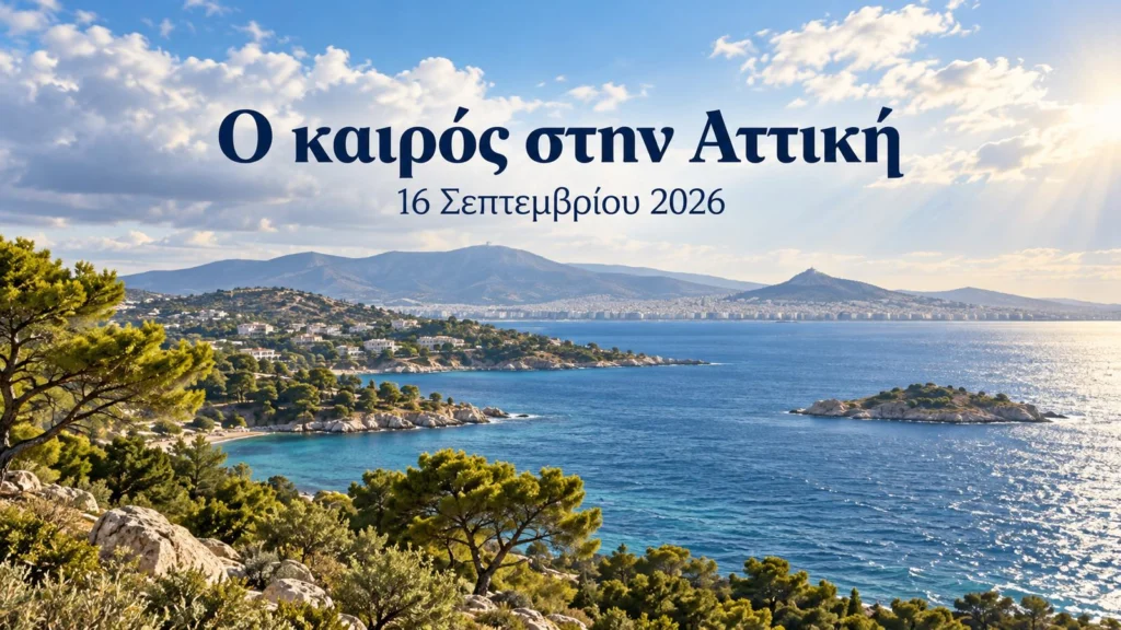 Illustration of the Attica coastline with clouds and sunshine for the September 16 weather forecast