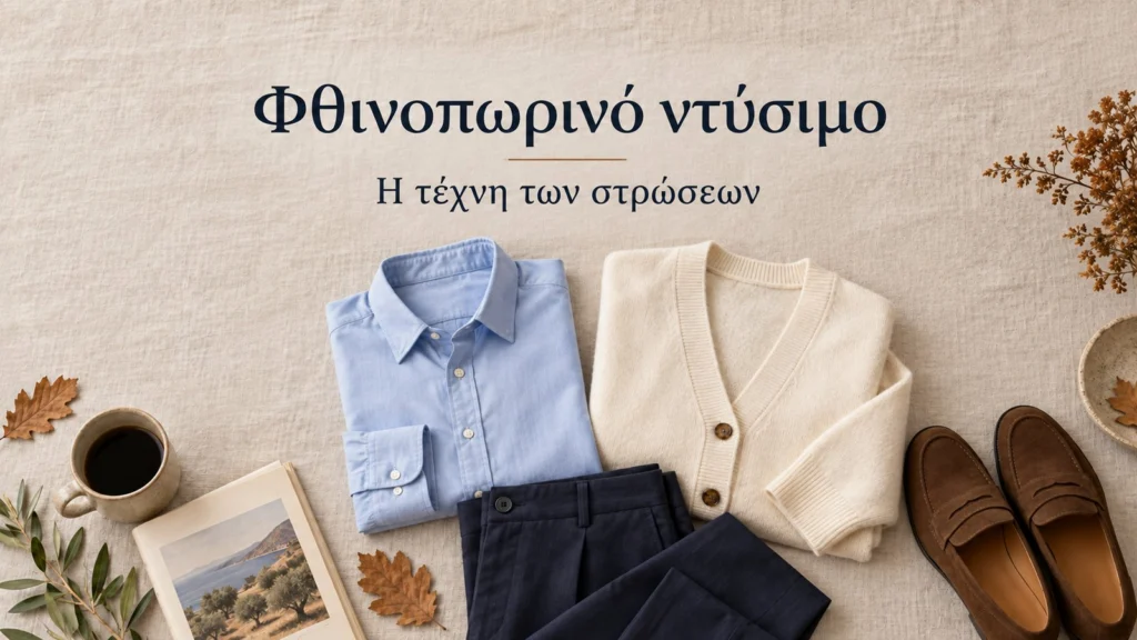 illustrative flat lay of a blue shirt cream cardigan navy trousers and brown loafers
