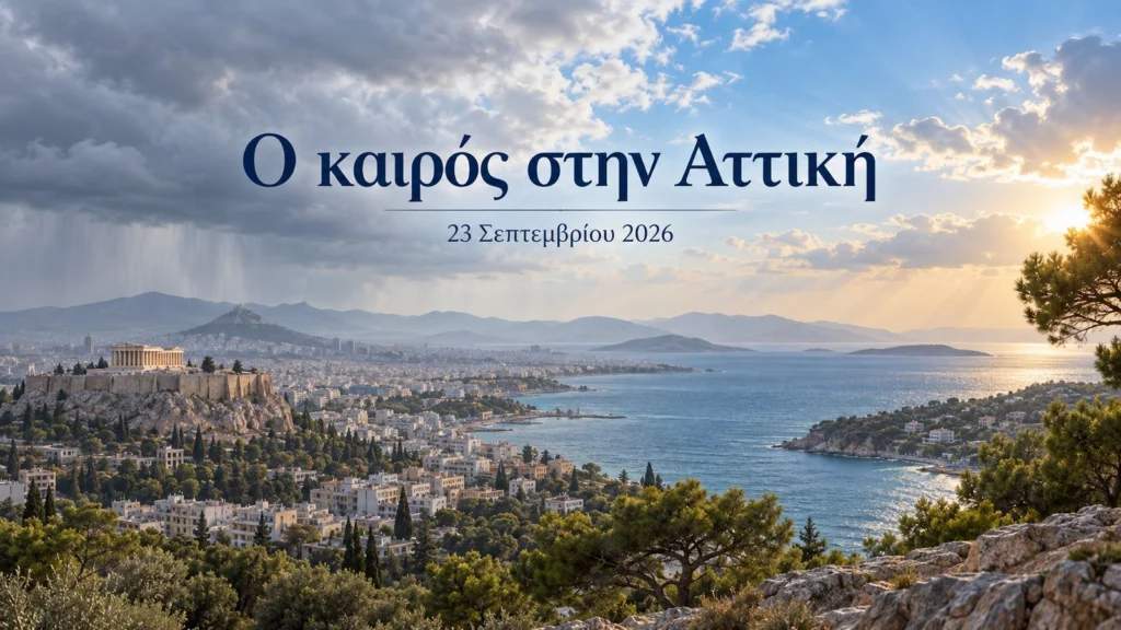 symbolic view of athens and the attica coast with clouds giving way to sunshine