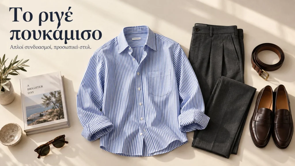 illustrative fashion composition with blue striped shirt charcoal trousers brown loafers and belt